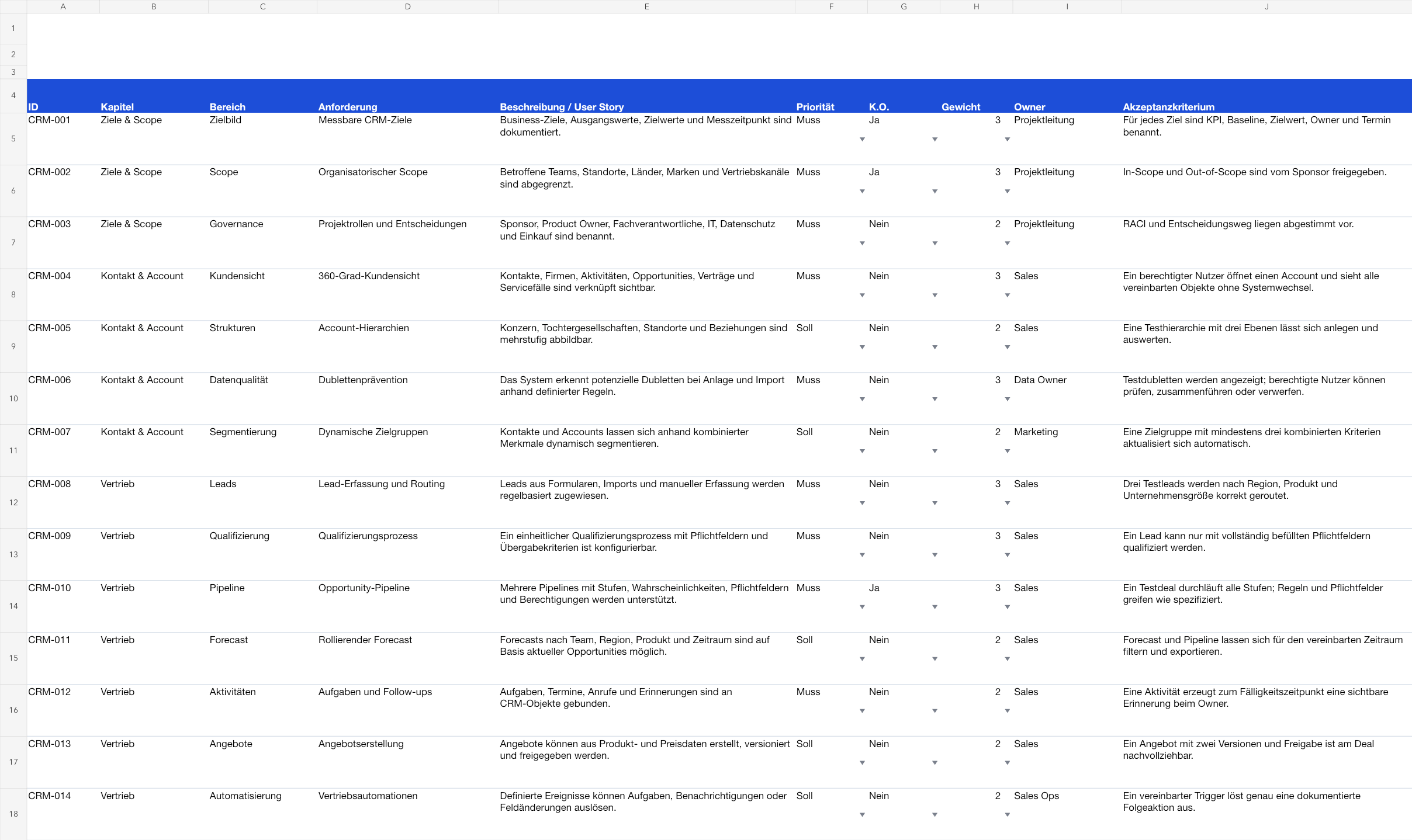 Vorschau des CRM-Anforderungskatalogs mit Prioritäten, Gewichtung, Ownern und Akzeptanzkriterien